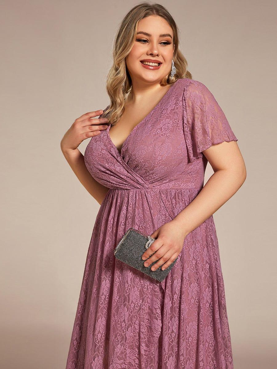 ever ELISE|V-Neck Short Sleeve Pleated Ruffled Lace Evening Dress - Image 44