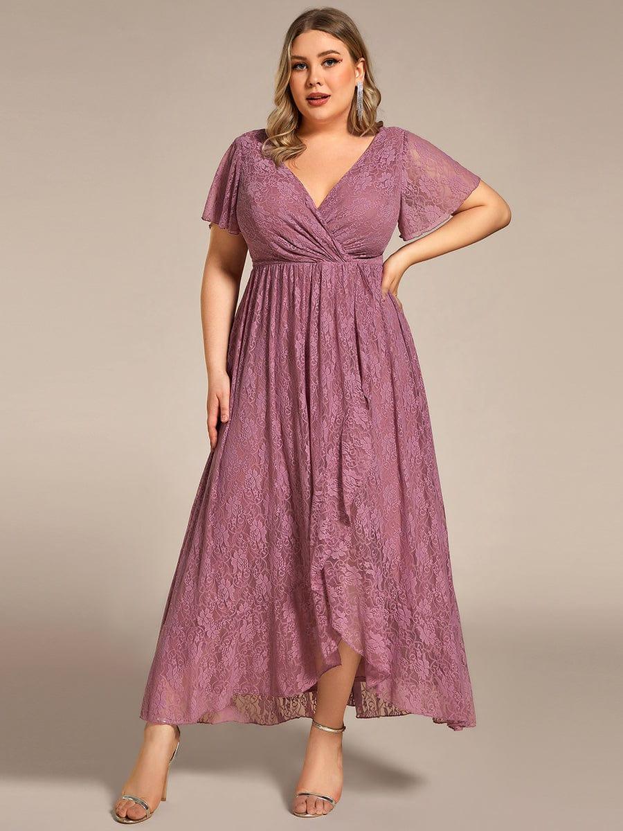 ever ELISE|V-Neck Short Sleeve Pleated Ruffled Lace Evening Dress - Image 45