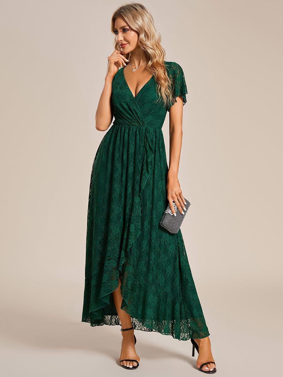 ever ELISE|V-Neck Short Sleeve Pleated Ruffled Lace Evening Dress - Image 50