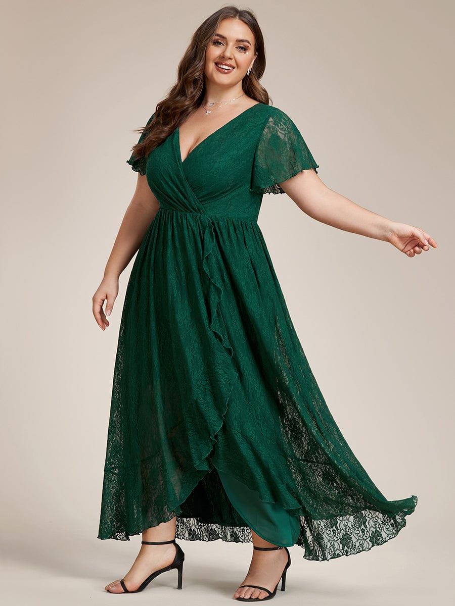 ever ELISE|V-Neck Short Sleeve Pleated Ruffled Lace Evening Dress - Image 51