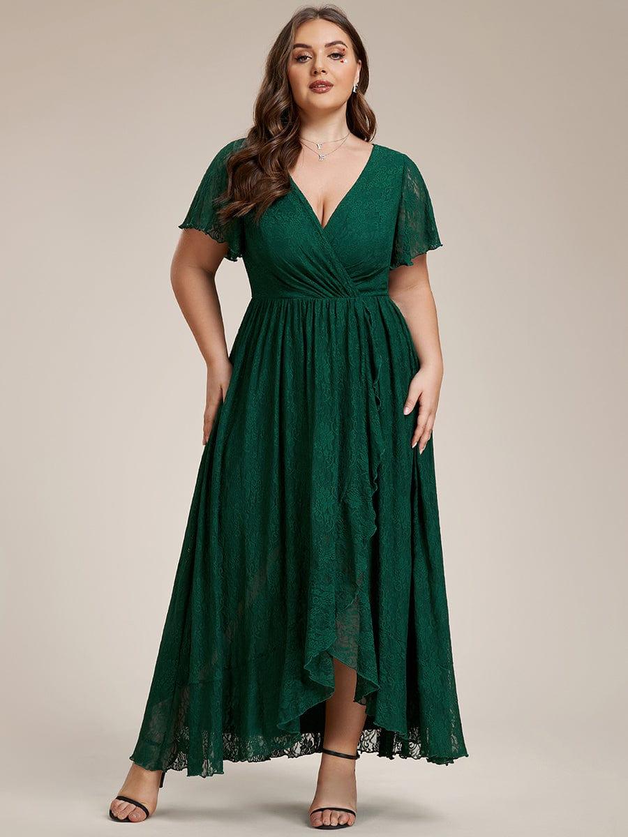 ever ELISE|V-Neck Short Sleeve Pleated Ruffled Lace Evening Dress - Image 54