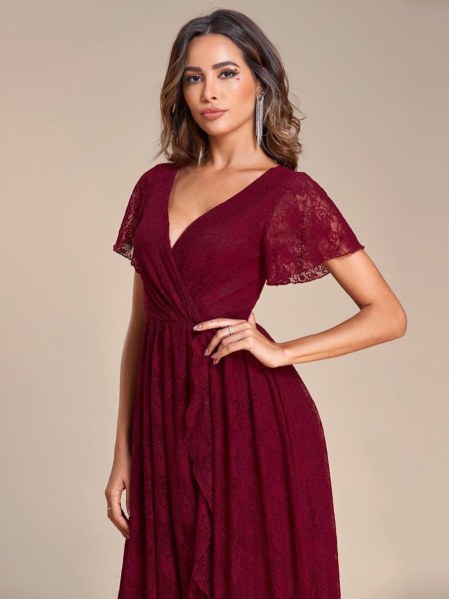 ever ELISE|V-Neck Short Sleeve Pleated Ruffled Lace Evening Dress - Image 57