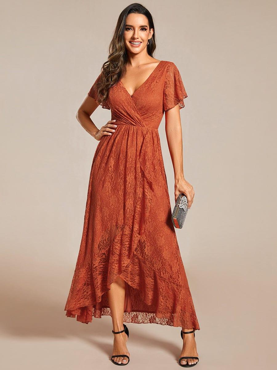 ever ELISE|V-Neck Short Sleeve Pleated Ruffled Lace Evening Dress - Image 6