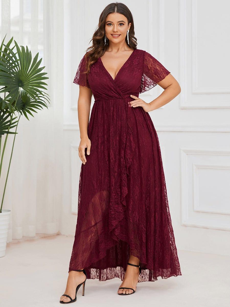 ever ELISE|V-Neck Short Sleeve Pleated Ruffled Lace Evening Dress - Image 60