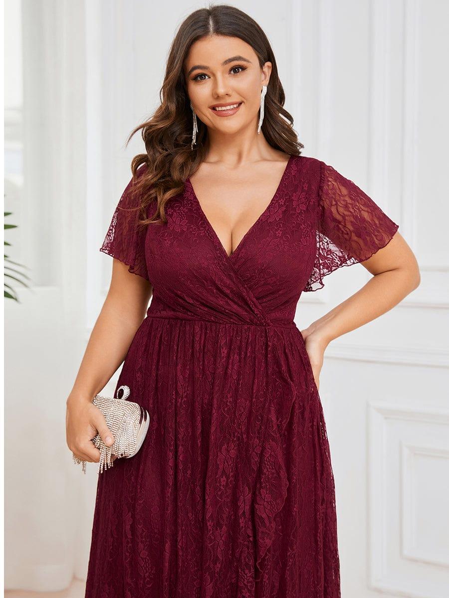 ever ELISE|V-Neck Short Sleeve Pleated Ruffled Lace Evening Dress - Image 62
