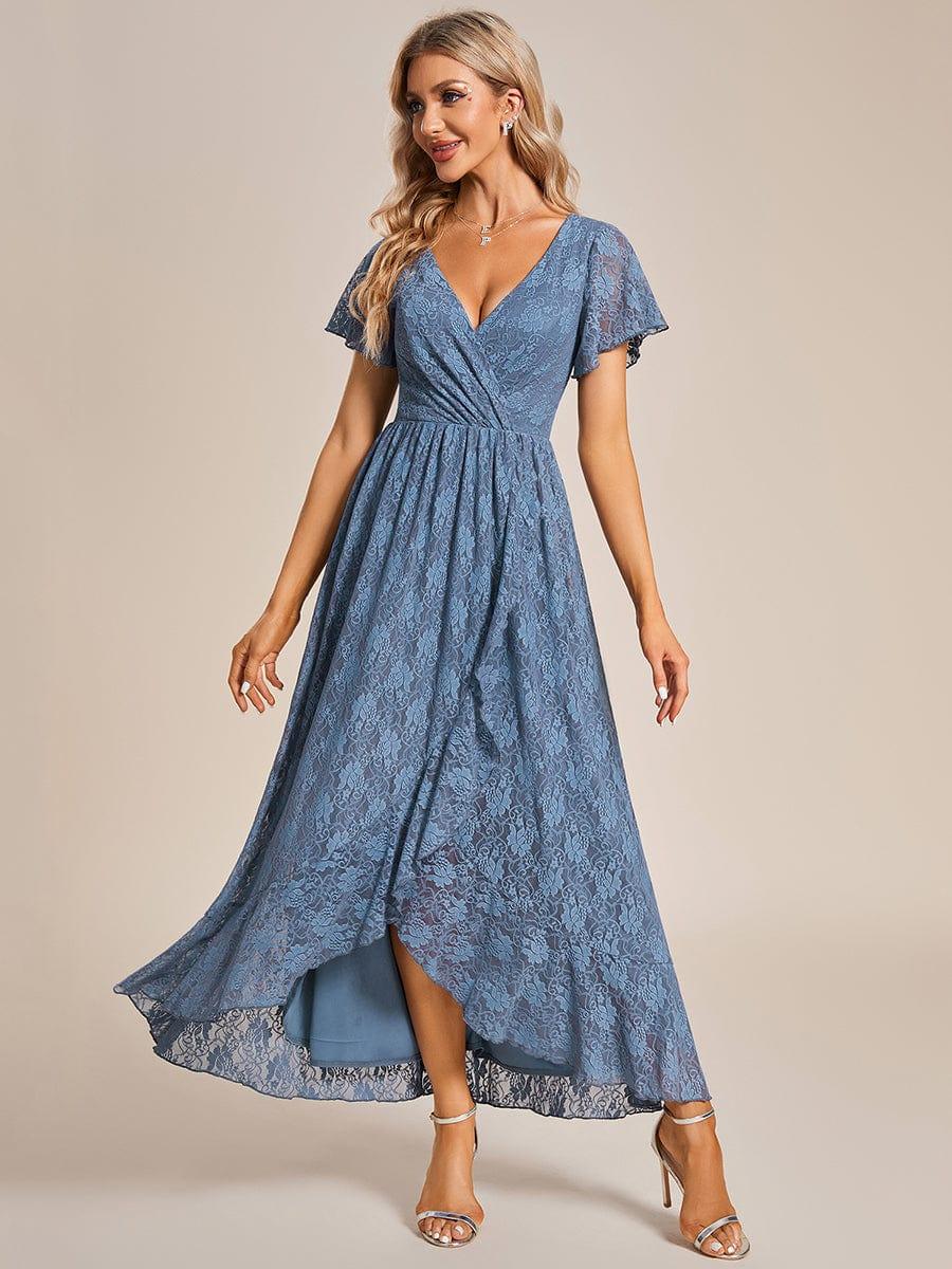 ever ELISE|V-Neck Short Sleeve Pleated Ruffled Lace Evening Dress - Image 63