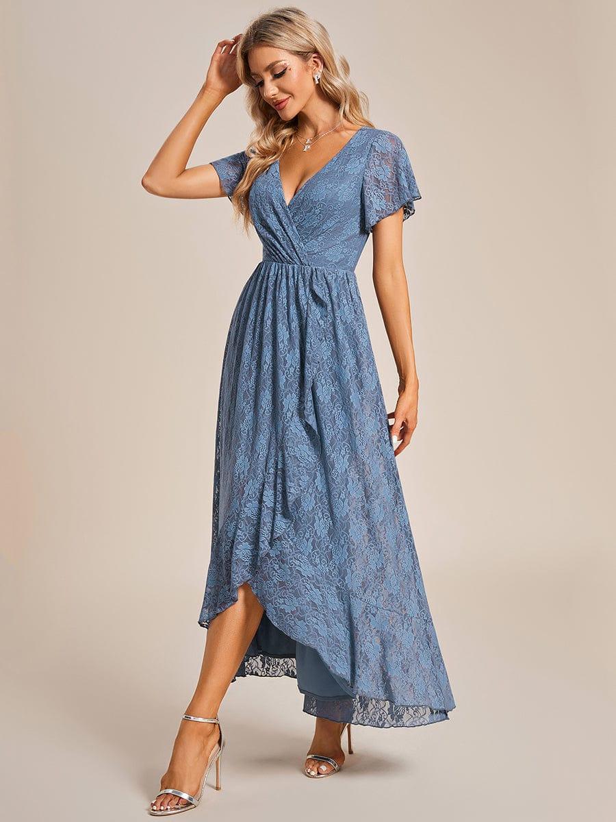 ever ELISE|V-Neck Short Sleeve Pleated Ruffled Lace Evening Dress - Image 67