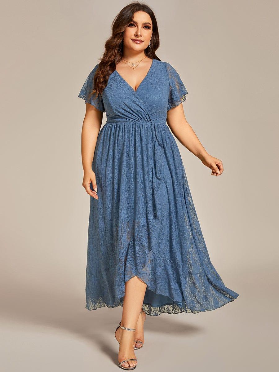 ever ELISE|V-Neck Short Sleeve Pleated Ruffled Lace Evening Dress - Image 68