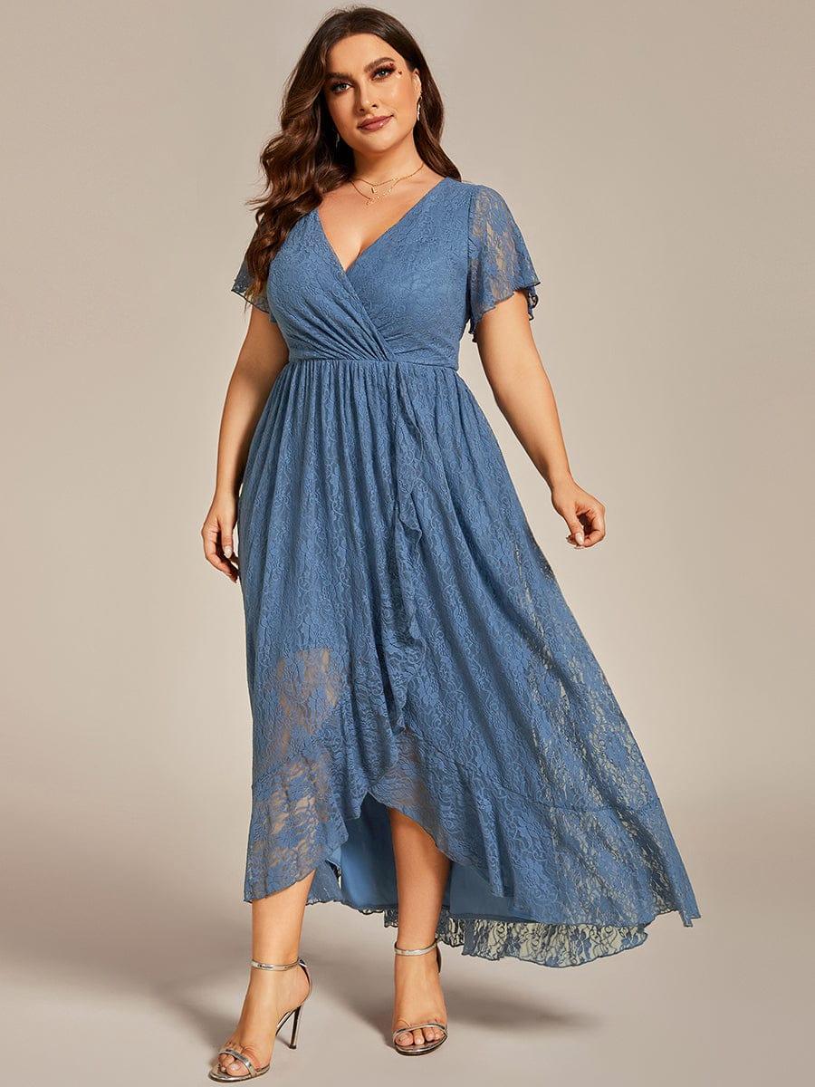 ever ELISE|V-Neck Short Sleeve Pleated Ruffled Lace Evening Dress - Image 71