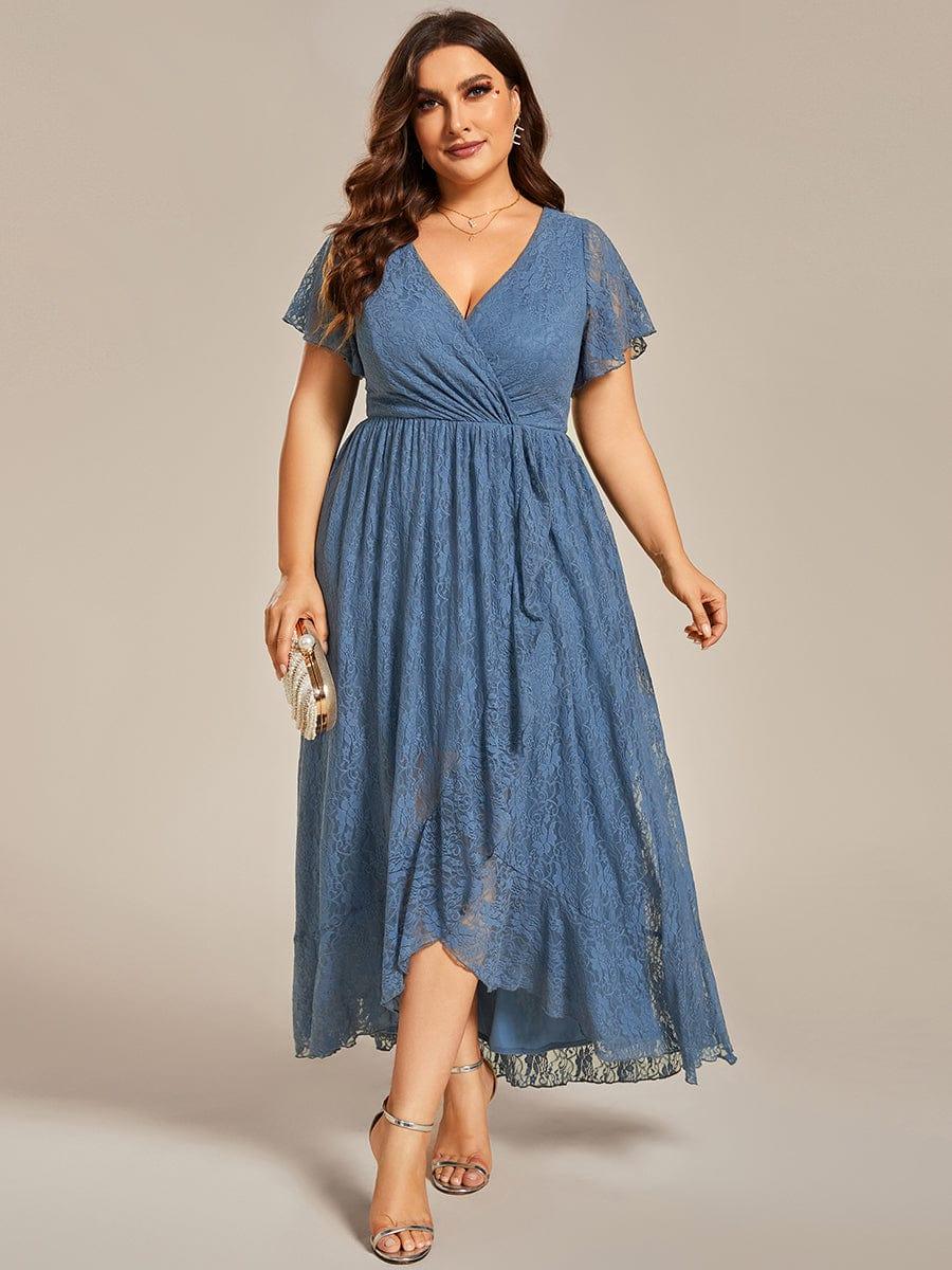 ever ELISE|V-Neck Short Sleeve Pleated Ruffled Lace Evening Dress - Image 72