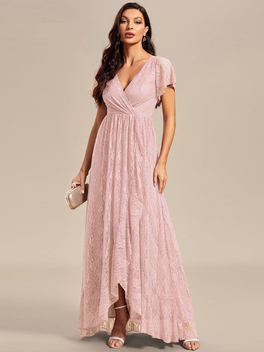 ever ELISE|V-Neck Short Sleeve Pleated Ruffled Lace Evening Dress - Image 73
