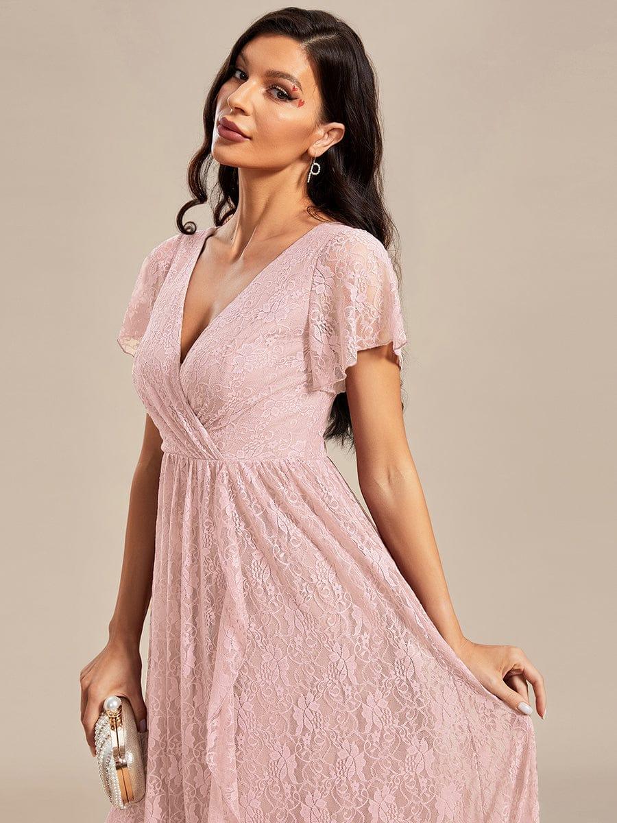 ever ELISE|V-Neck Short Sleeve Pleated Ruffled Lace Evening Dress - Image 75