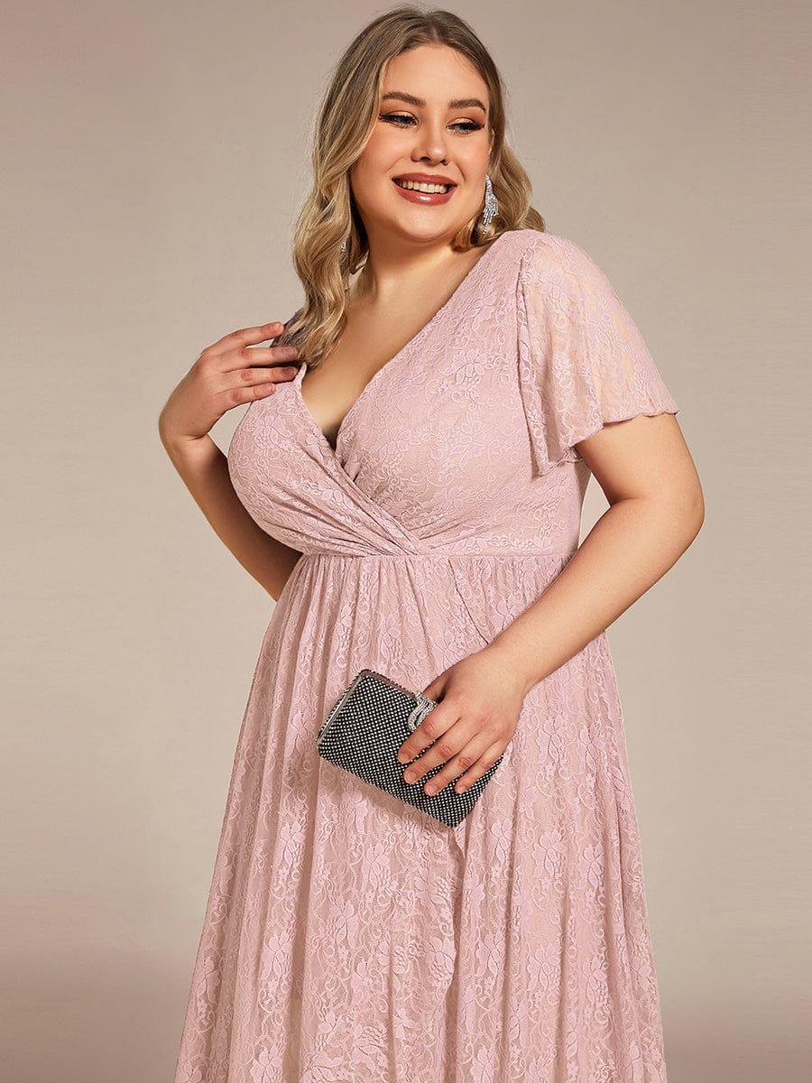 ever ELISE|V-Neck Short Sleeve Pleated Ruffled Lace Evening Dress - Image 80