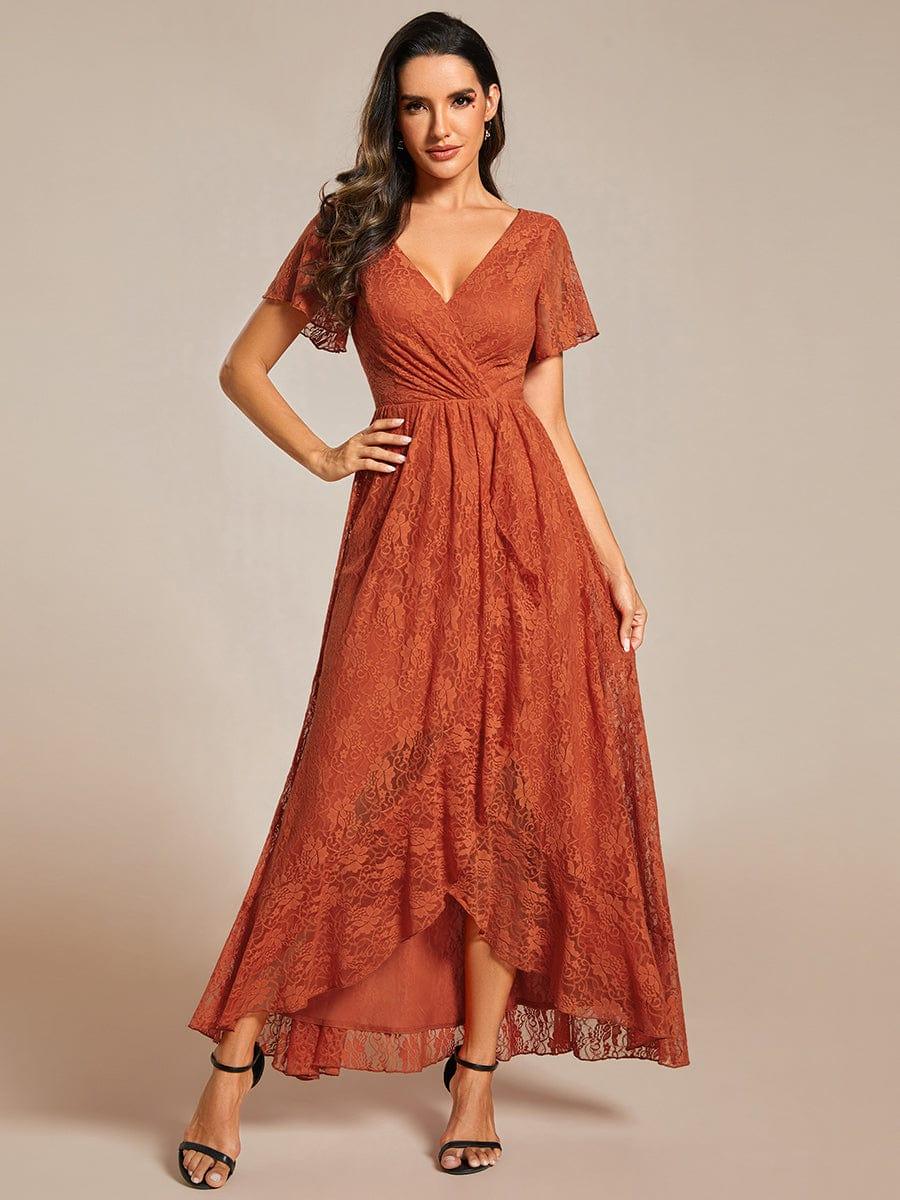 ever ELISE|V-Neck Short Sleeve Pleated Ruffled Lace Evening Dress - Image 82