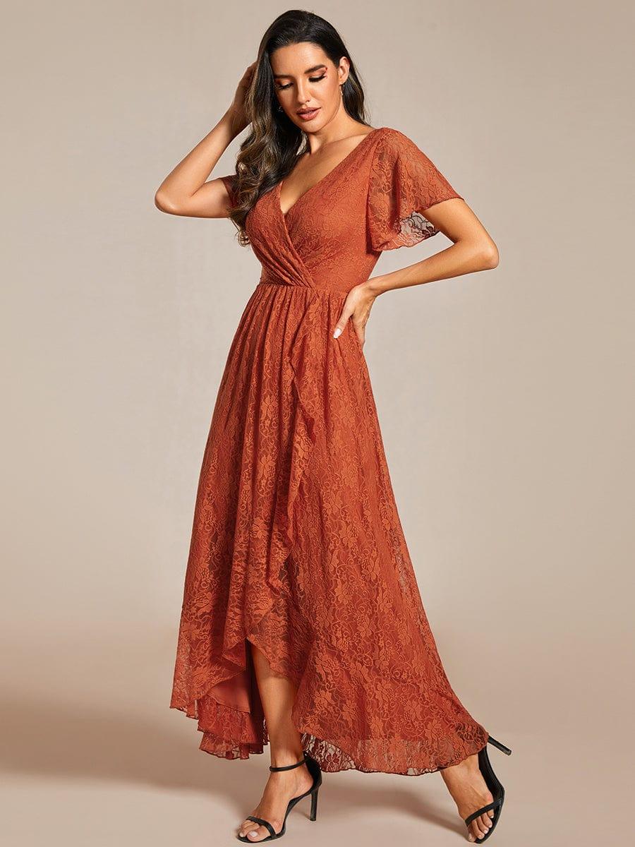ever ELISE|V-Neck Short Sleeve Pleated Ruffled Lace Evening Dress - Image 83
