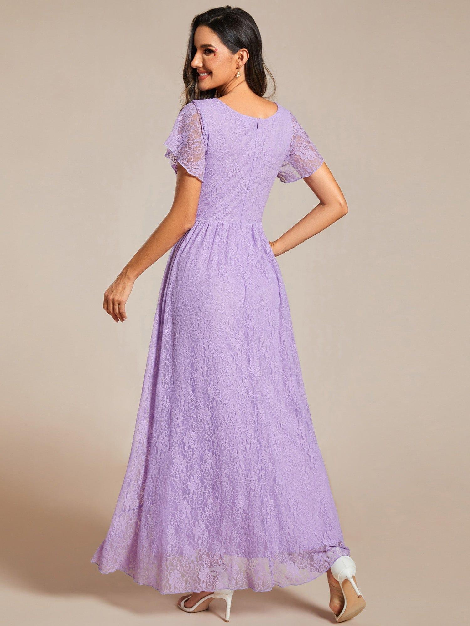 ever ELISE|V-Neck Short Sleeve Pleated Ruffled Lace Evening Dress - Image 85