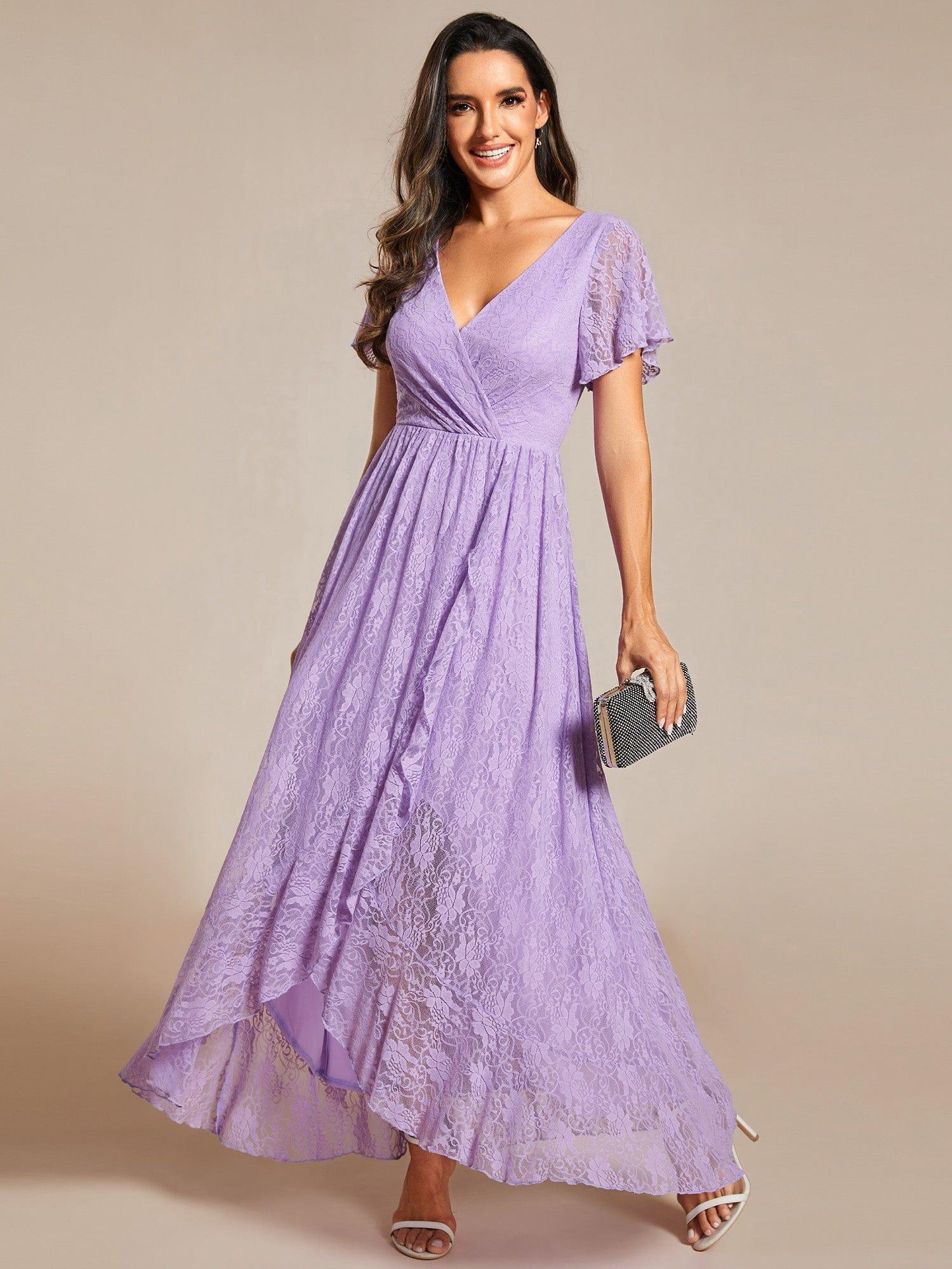 ever ELISE|V-Neck Short Sleeve Pleated Ruffled Lace Evening Dress - Image 87