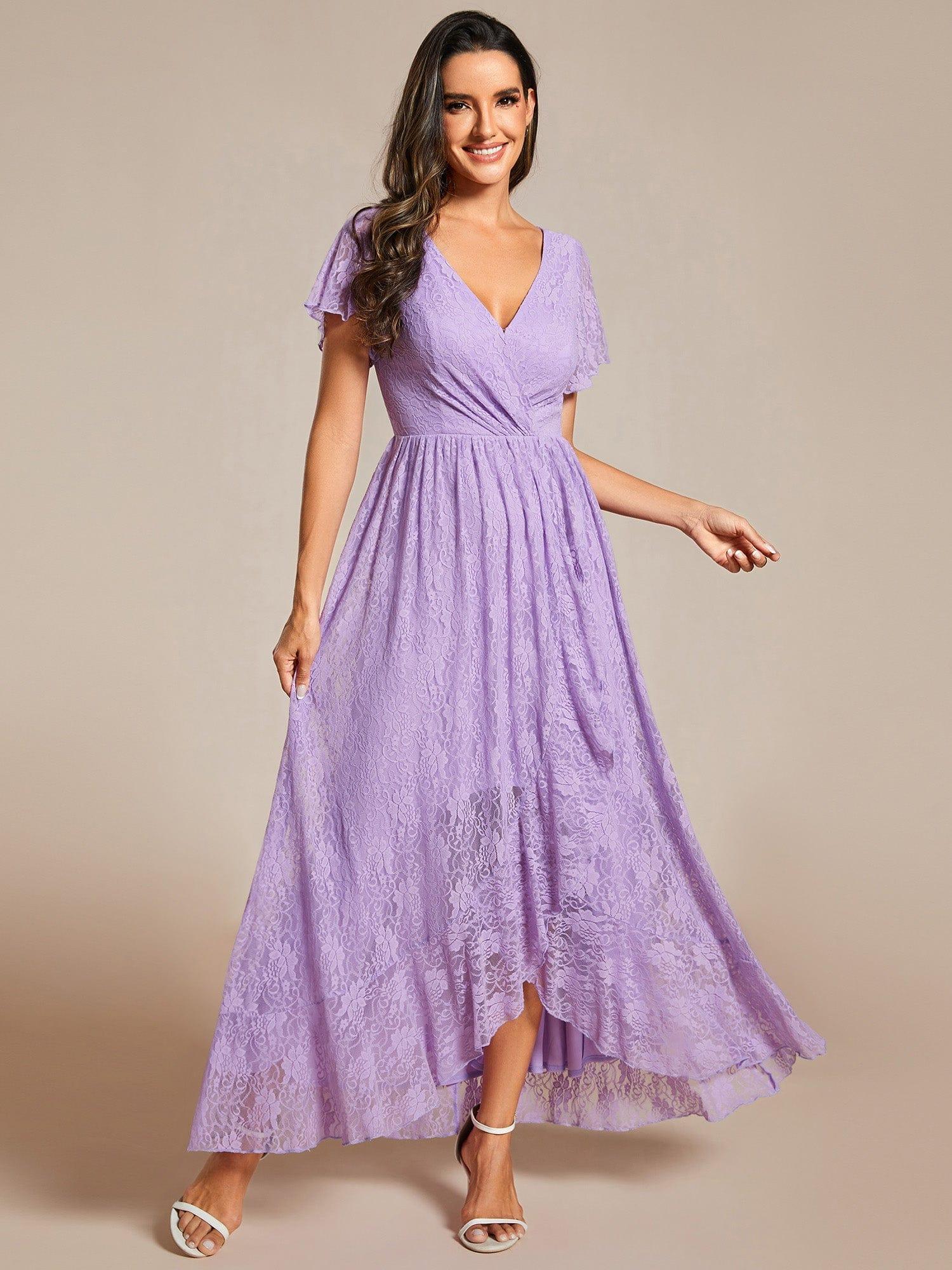 ever ELISE|V-Neck Short Sleeve Pleated Ruffled Lace Evening Dress - Image 88