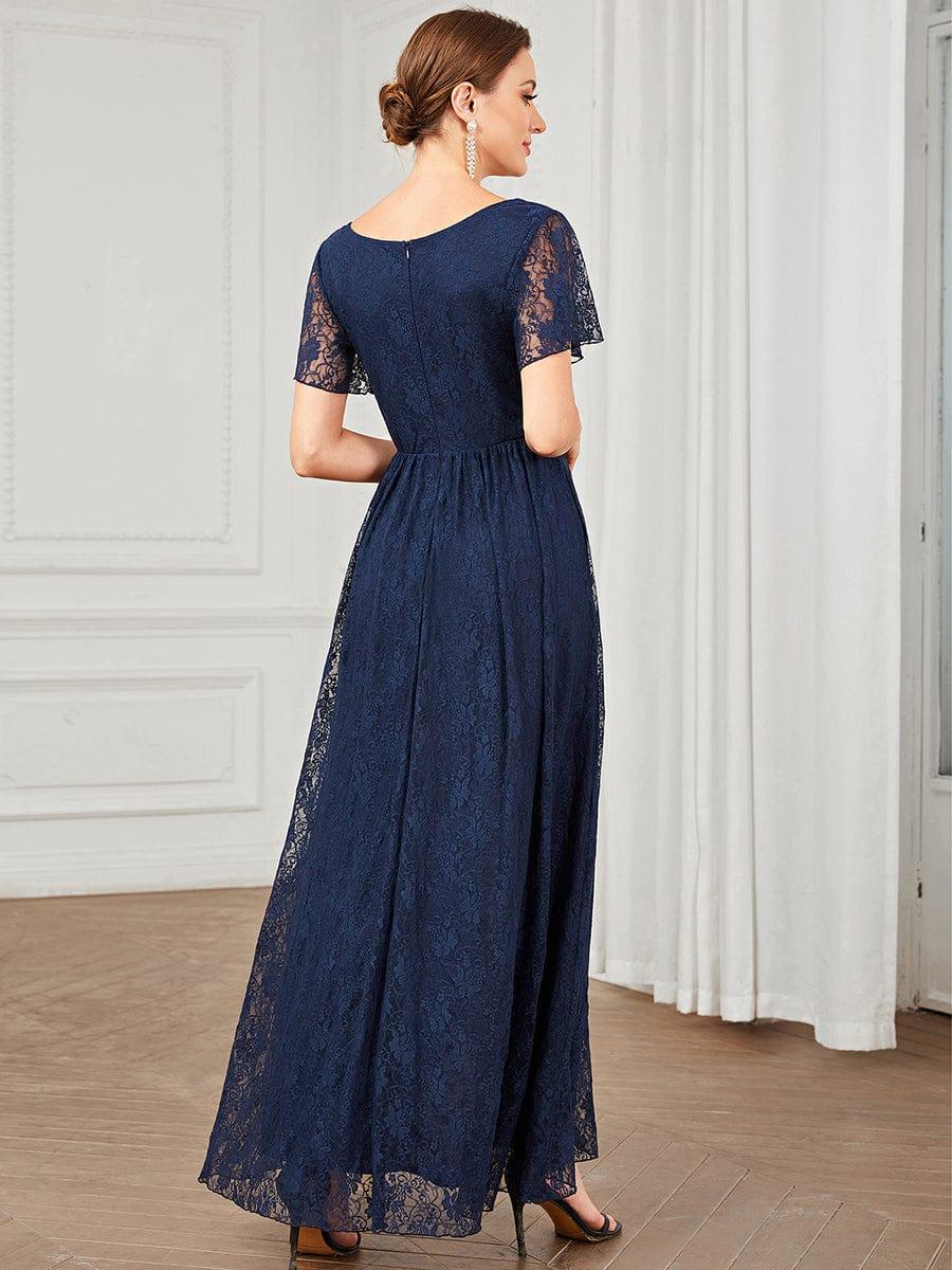 ever ELISE|V-Neck Short Sleeve Pleated Ruffled Lace Evening Dress - Image 9