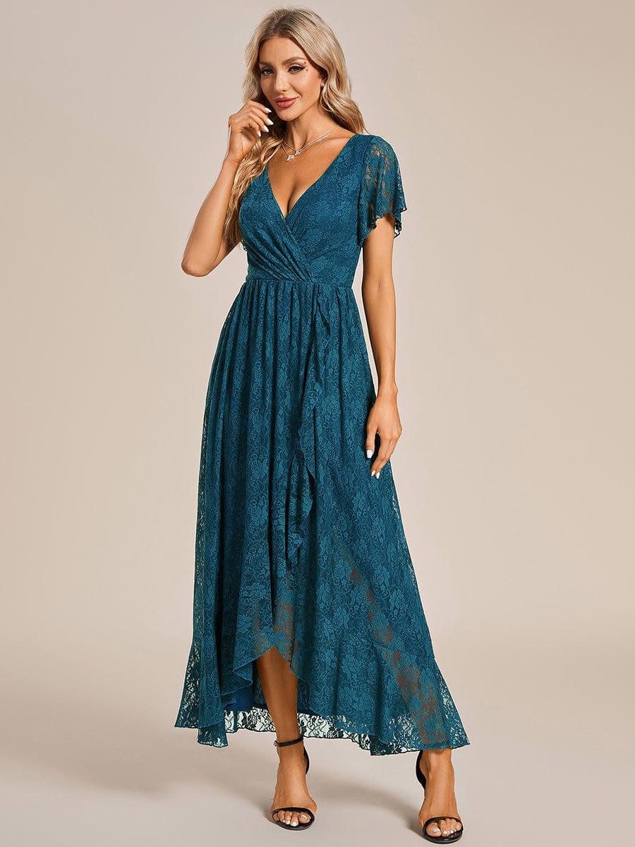 ever ELISE|V-Neck Short Sleeve Pleated Ruffled Lace Evening Dress - Image 93