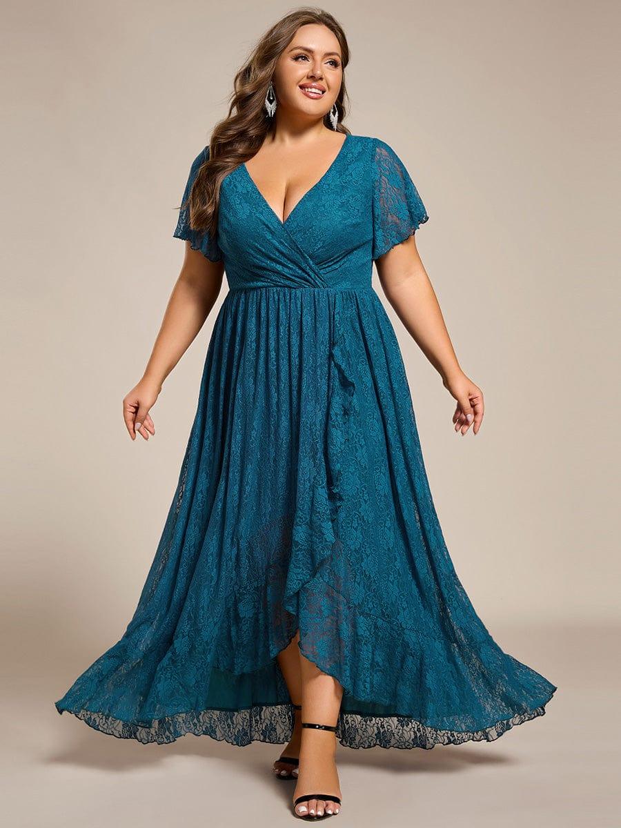ever ELISE|V-Neck Short Sleeve Pleated Ruffled Lace Evening Dress - Image 94