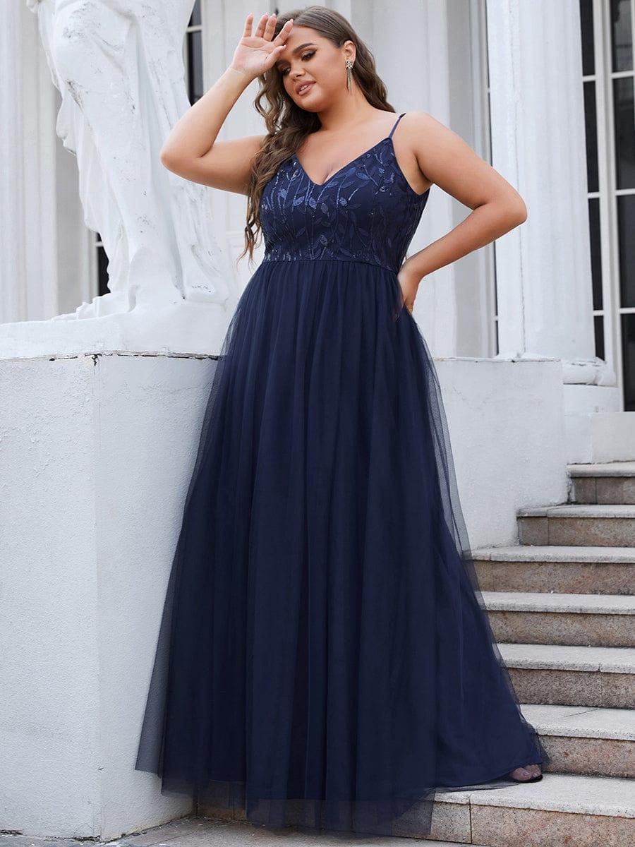V Neck Spaghetti Strap Embroidered Floor Length Tulle Evening Dress(Final Sale) - Image 16