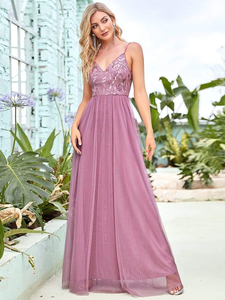 V Neck Spaghetti Strap Embroidered Floor Length Tulle Evening Dress(Final Sale) - Image 21