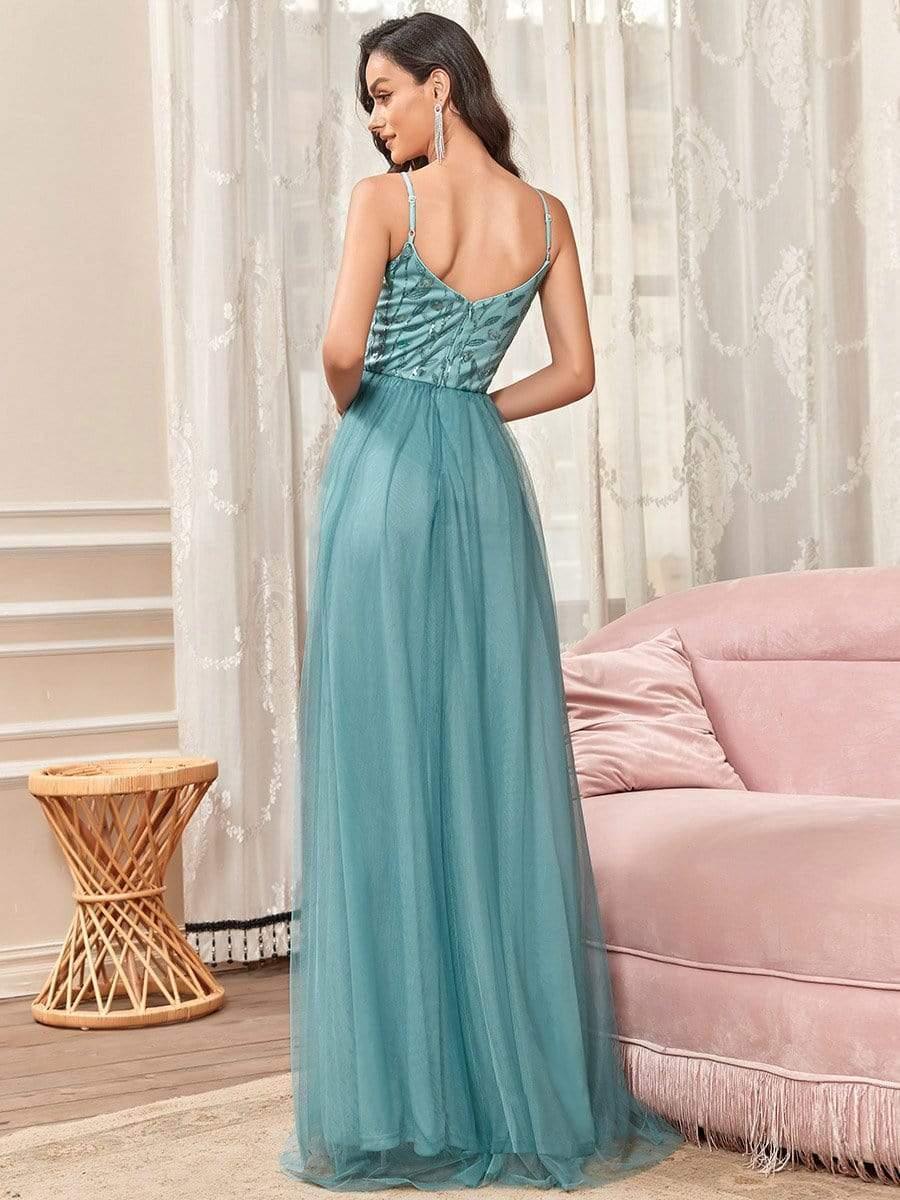V Neck Spaghetti Strap Embroidered Floor Length Tulle Evening Dress(Final Sale) - Image 28