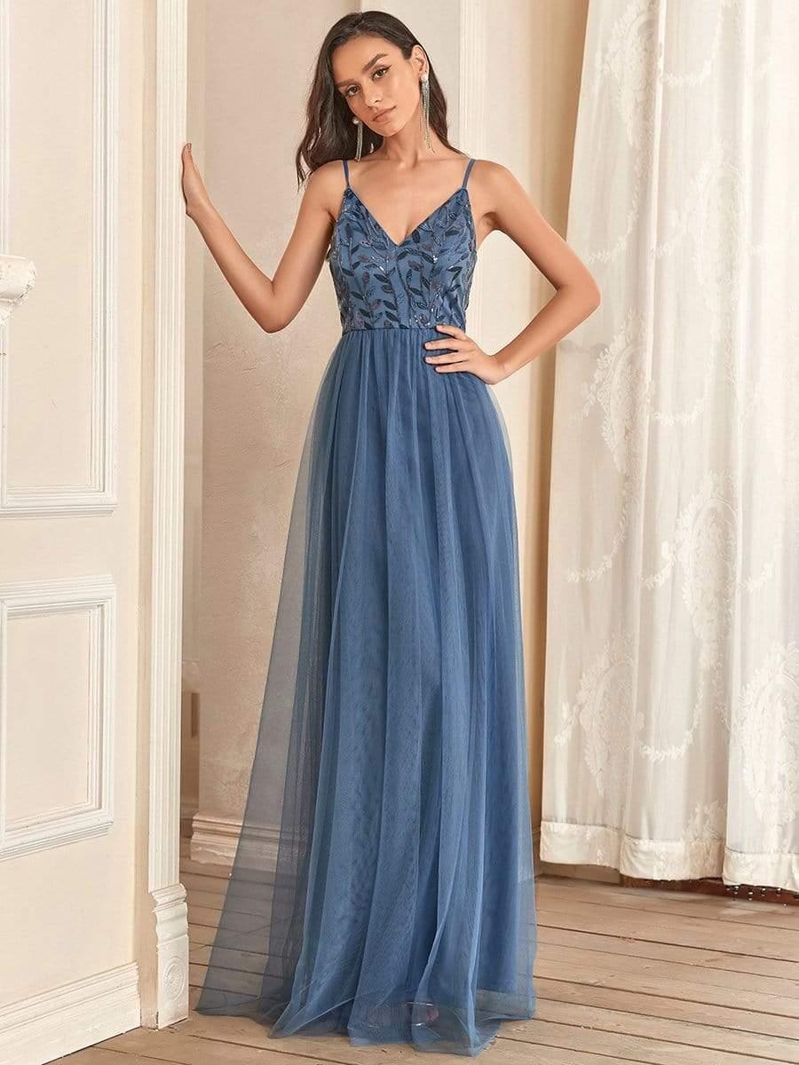 V Neck Spaghetti Strap Embroidered Floor Length Tulle Evening Dress(Final Sale) - Image 3