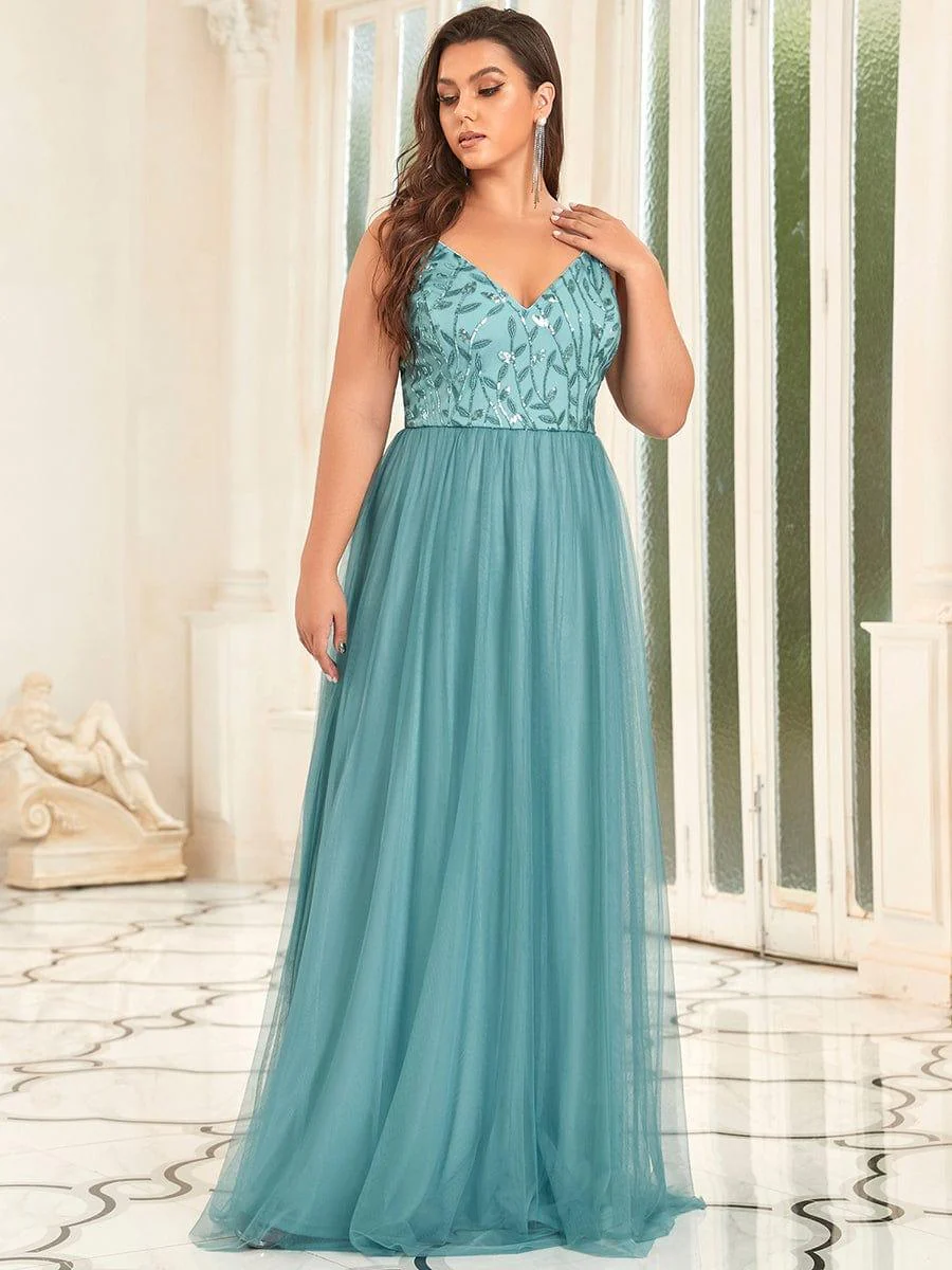 V Neck Spaghetti Strap Embroidered Floor Length Tulle Evening Dress(Final Sale) - Image 32