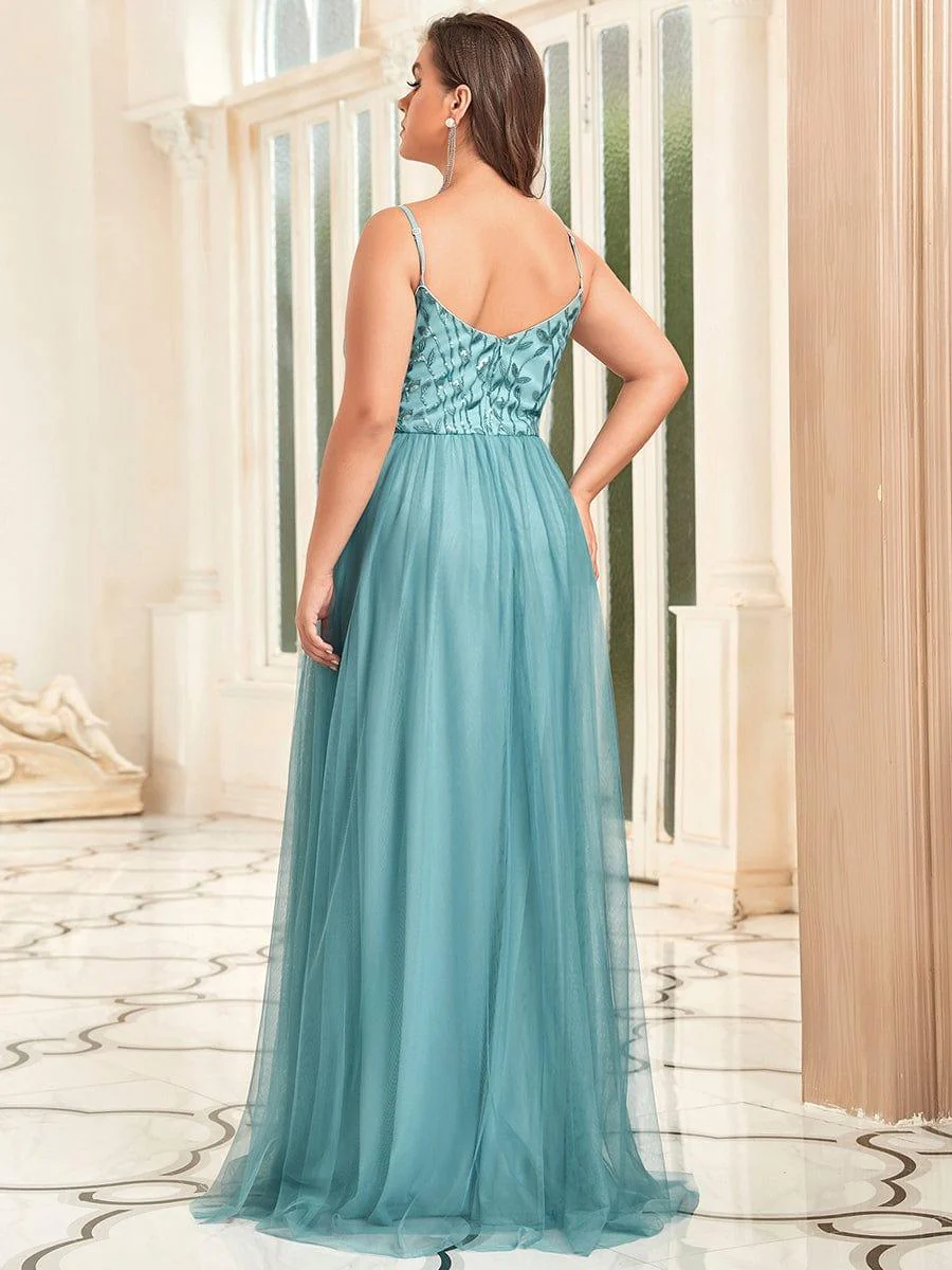 V Neck Spaghetti Strap Embroidered Floor Length Tulle Evening Dress(Final Sale) - Image 33