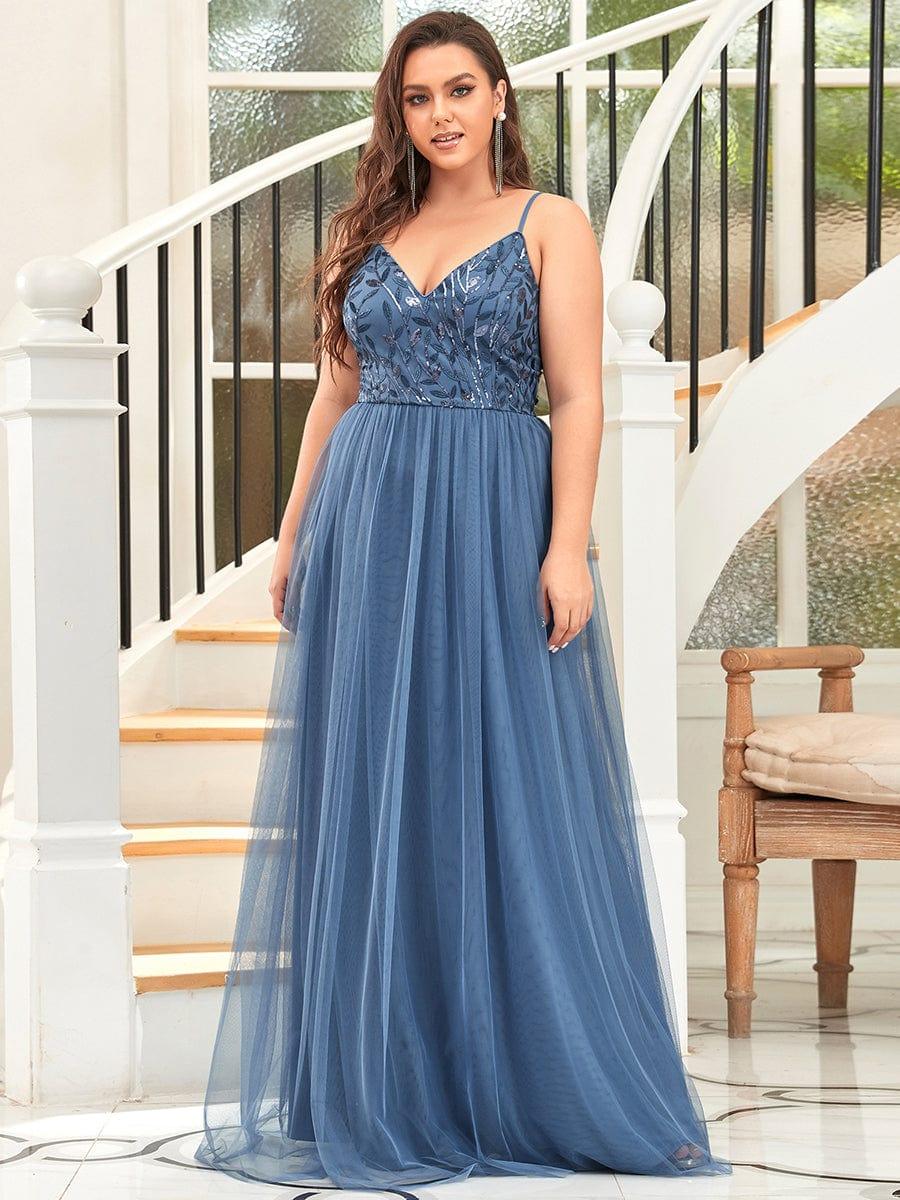 V Neck Spaghetti Strap Embroidered Floor Length Tulle Evening Dress(Final Sale) - Image 7