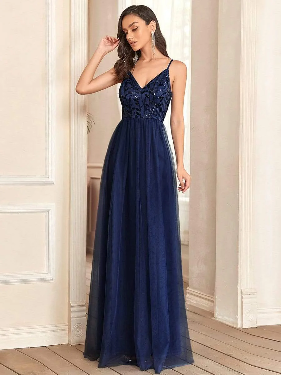 V Neck Spaghetti Strap Embroidered Floor Length Tulle Evening Dress(Final Sale) - Image 9