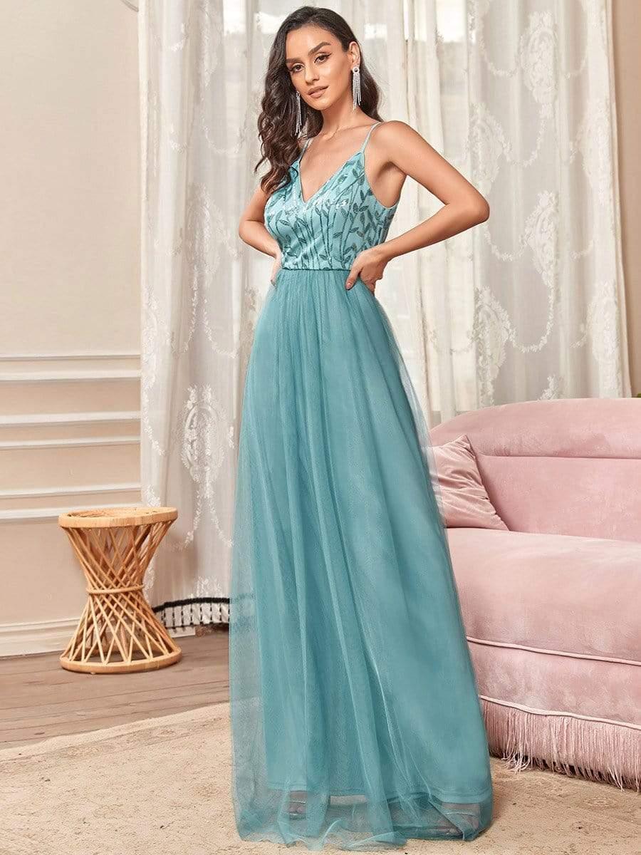 V Neck Spaghetti Strap Embroidered Maxi Tulle Wedding Guest Dress(Final Sale) - Image 21