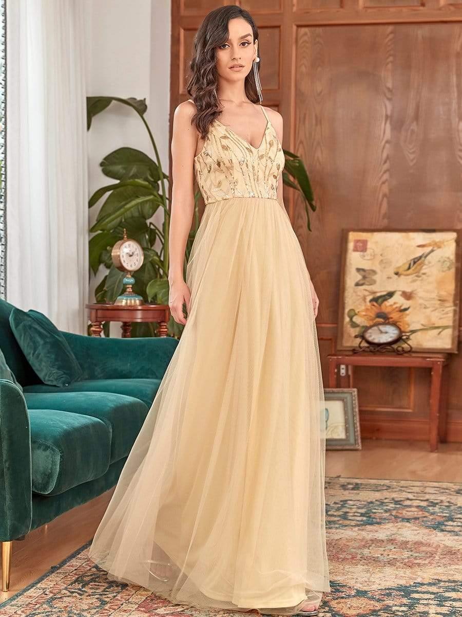 V Neck Spaghetti Strap Embroidered Maxi Tulle Wedding Guest Dress(Final Sale) - Image 26