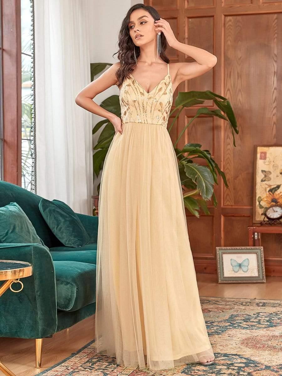 V Neck Spaghetti Strap Embroidered Maxi Tulle Wedding Guest Dress(Final Sale) - Image 29