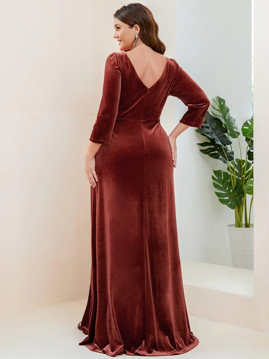 Velvet Plunging V-Neck Front Slit 3/4 Sleeve A-Line Evening Dress(Final Sale) - Image 17