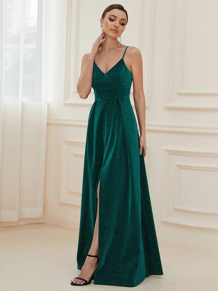 Vintage V-neck Spaghetti Straps Glitter Maxi Evening Dress(Final Sale) - Image 12