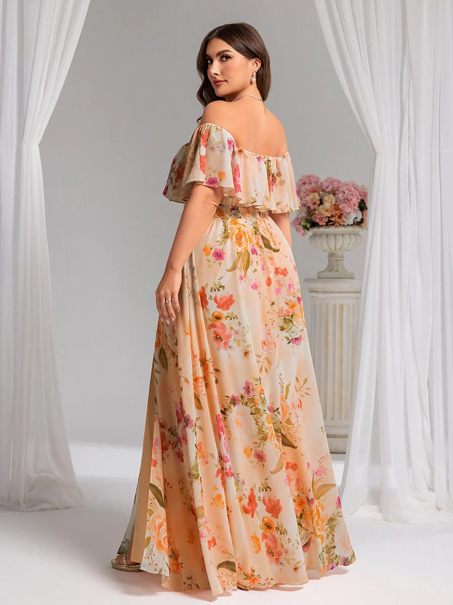 pretty ÉMILE|Plus Size Off-The-Shoulder Ruffle Thigh Split Bridesmaid Dress - Image 120