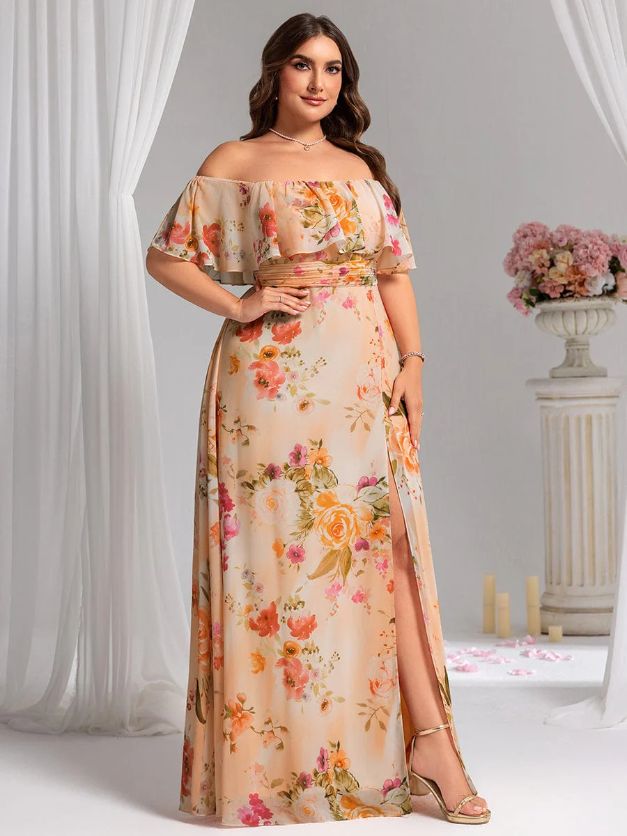 pretty ÉMILE|Plus Size Off-The-Shoulder Ruffle Thigh Split Bridesmaid Dress - Image 122