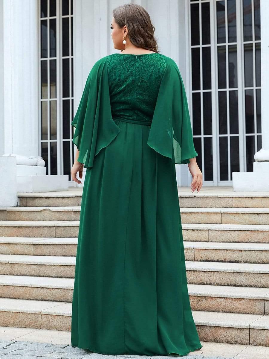 Women's Floor Length Deep V Neck Plus Size Evening Dress with Lace - Image 11