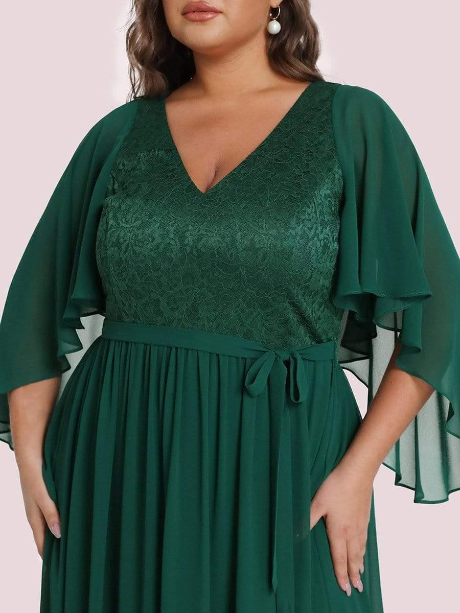 Women's Floor Length Deep V Neck Plus Size Evening Dress with Lace - Image 14