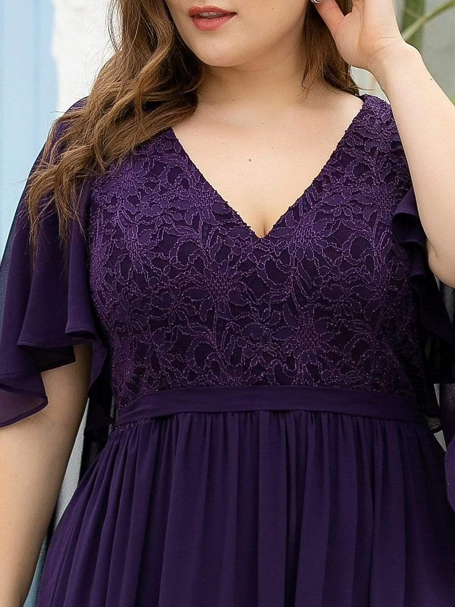 Women's Floor Length Deep V Neck Plus Size Evening Dress with Lace - Image 5