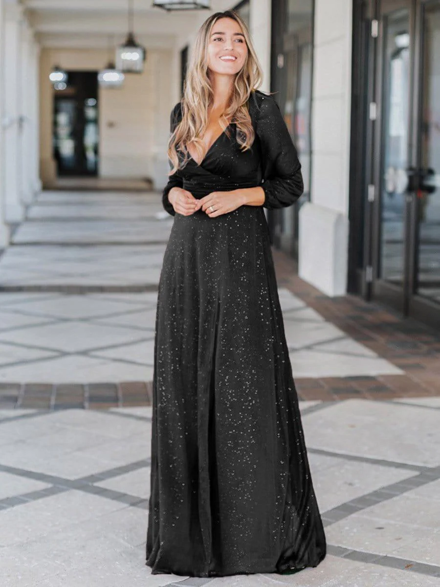 Women's Sexy V-Neck Shiny Evening Dresses with Long Sleeve(Final Sale) - Image 28