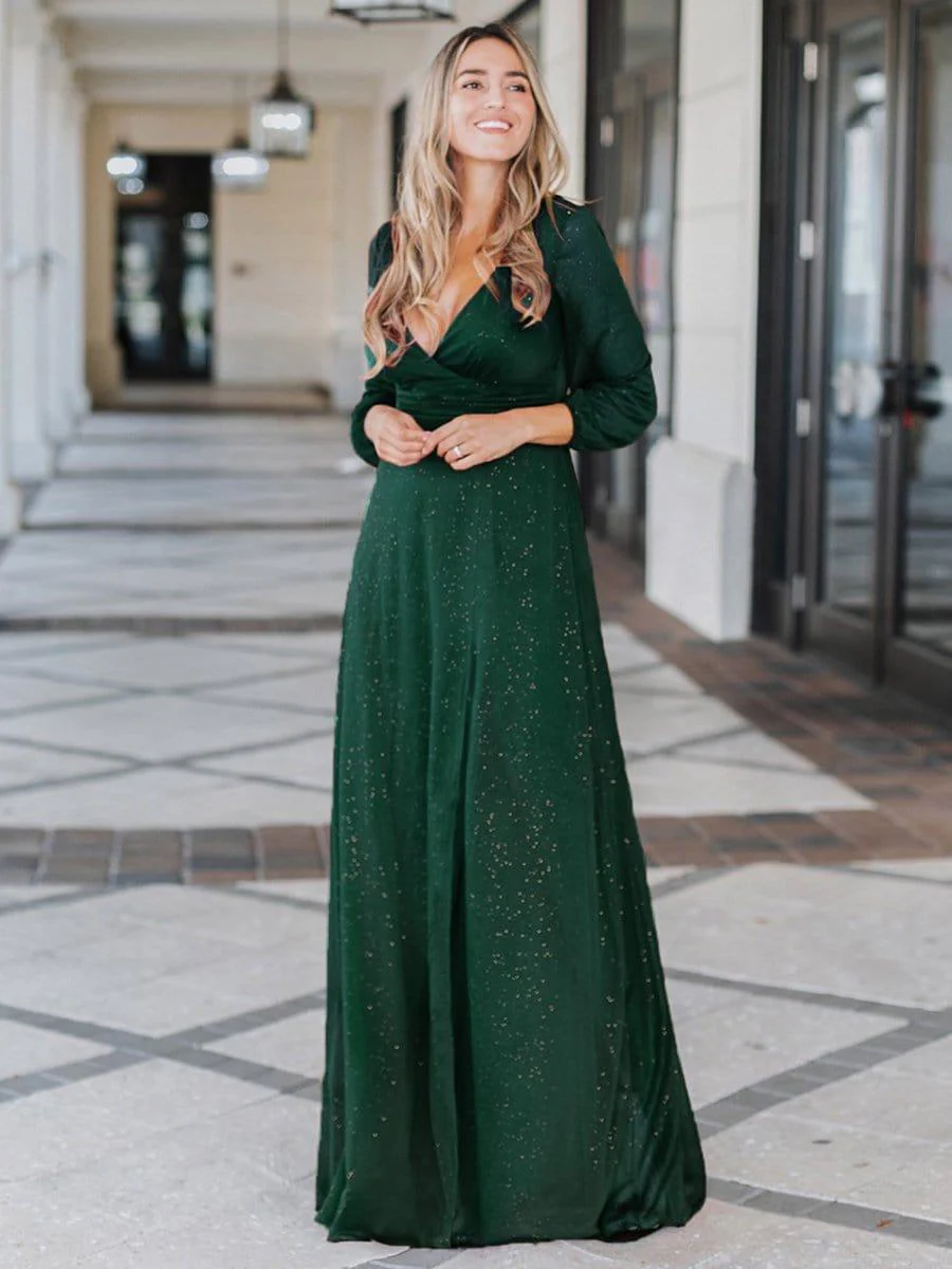 Women's Sexy V-Neck Shiny Evening Dresses with Long Sleeve(Final Sale) - Image 5