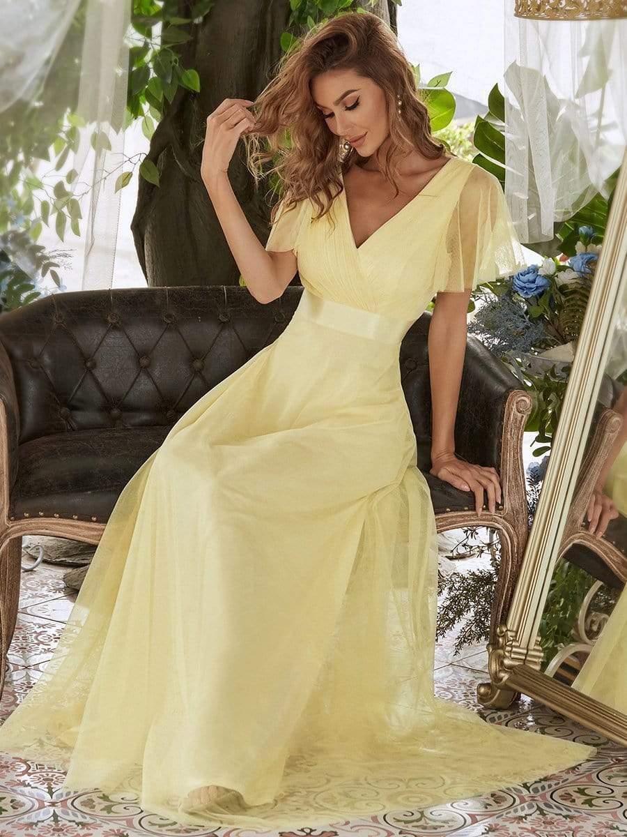 ever MISTE|Women's Double V-Neck Floor-Length Bridesmaid Dress with Short Sleeve - Image 23