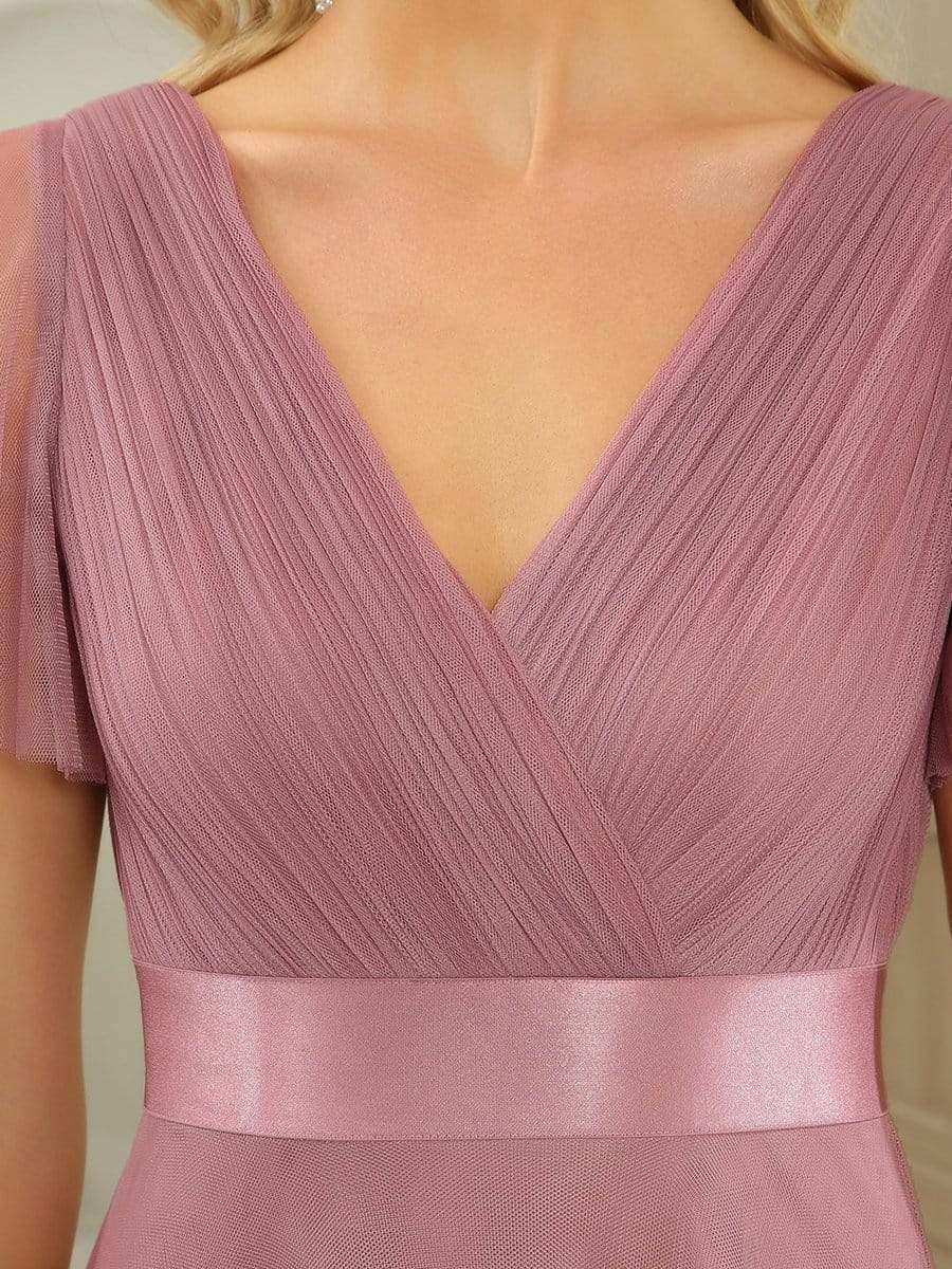 ever MISTE|Women's Double V-Neck Floor-Length Bridesmaid Dress with Short Sleeve - Image 28