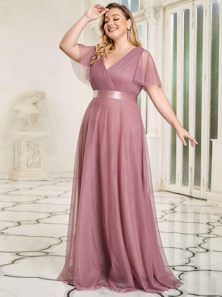 ever MISTE|Women's Double V-Neck Floor-Length Bridesmaid Dress with Short Sleeve - Image 30