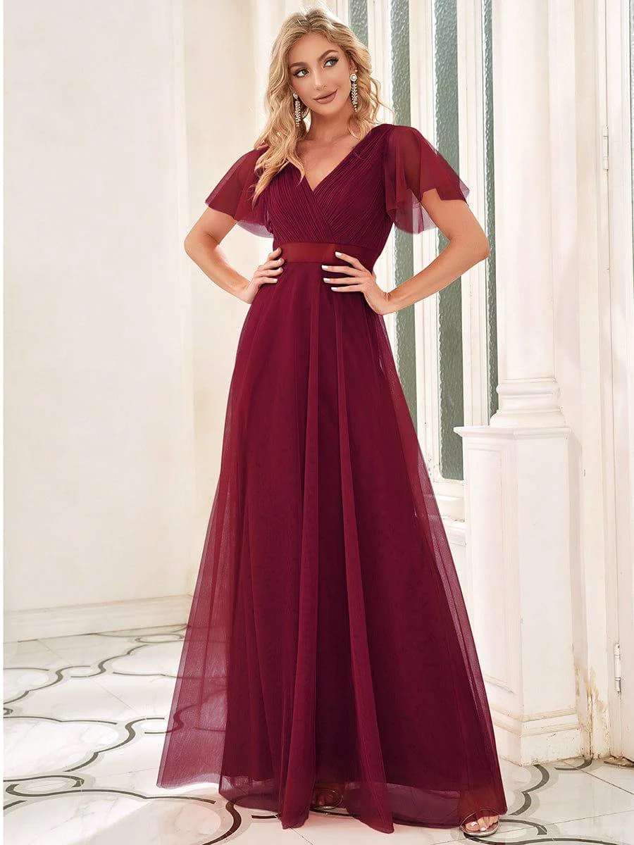ever MISTE|Women's Double V-Neck Floor-Length Bridesmaid Dress with Short Sleeve - Image 32