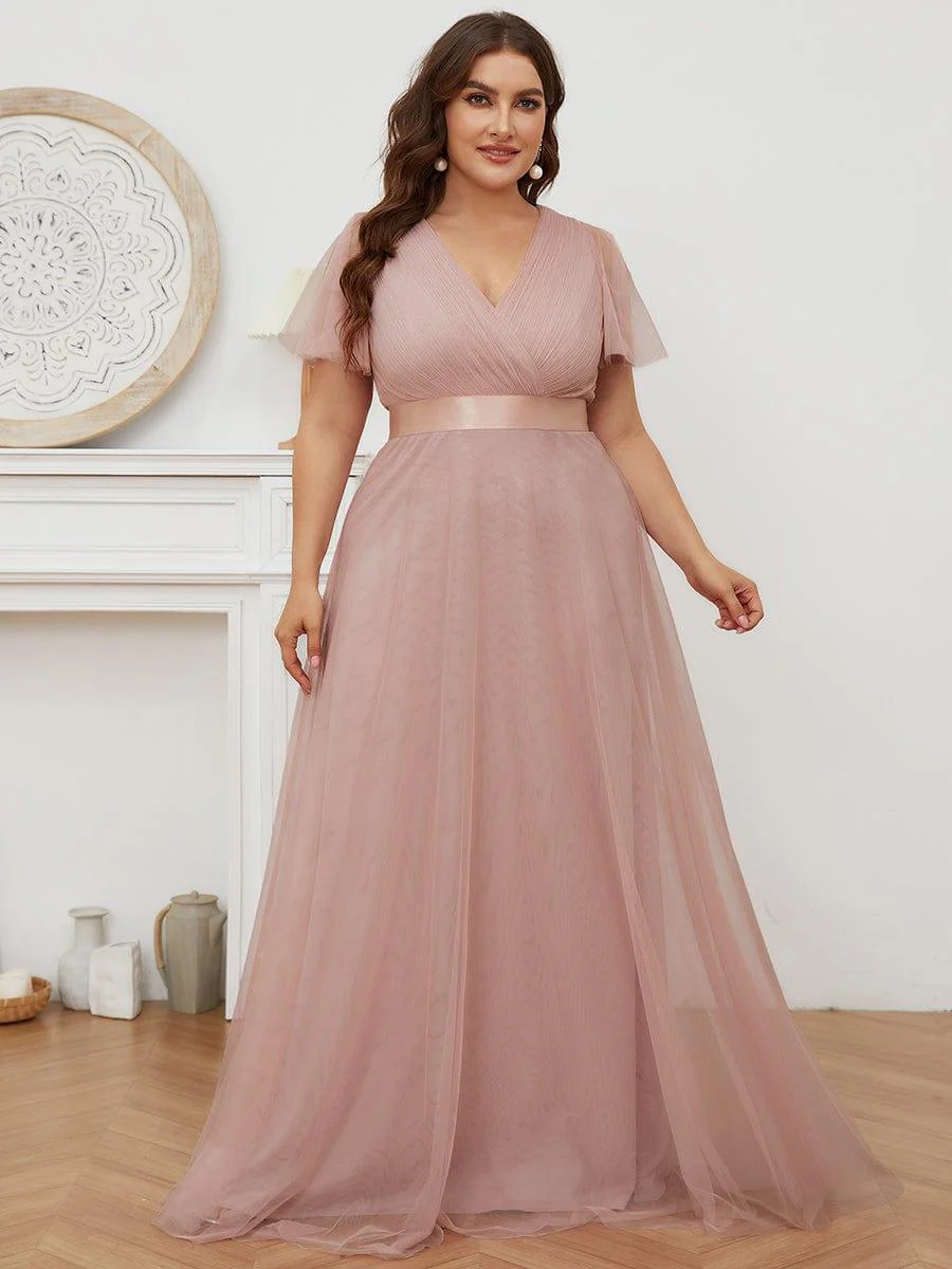 ever MISTE|Women's Double V-Neck Floor-Length Bridesmaid Dress with Short Sleeve - Image 6